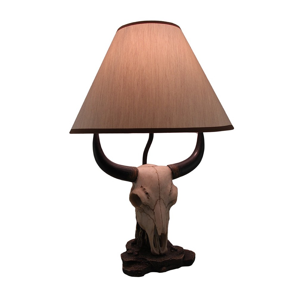 Zeckos Cattle Ranch Decorative Steer Skull Table Lamp with Beige Fabric Shade