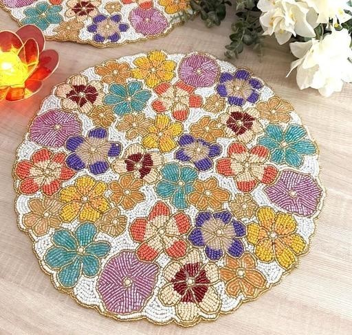 Floral Christmas Beaded Placemat 14 Inch Round Set of 2 Handmade Glass Beads