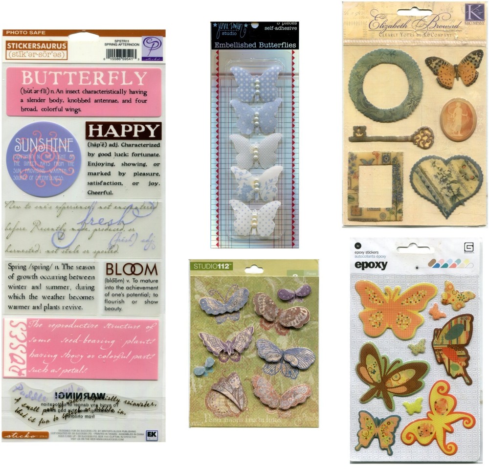 Lot of 5 Butterfly scrapbook stickers, K&Company, Sticko, Studio 112