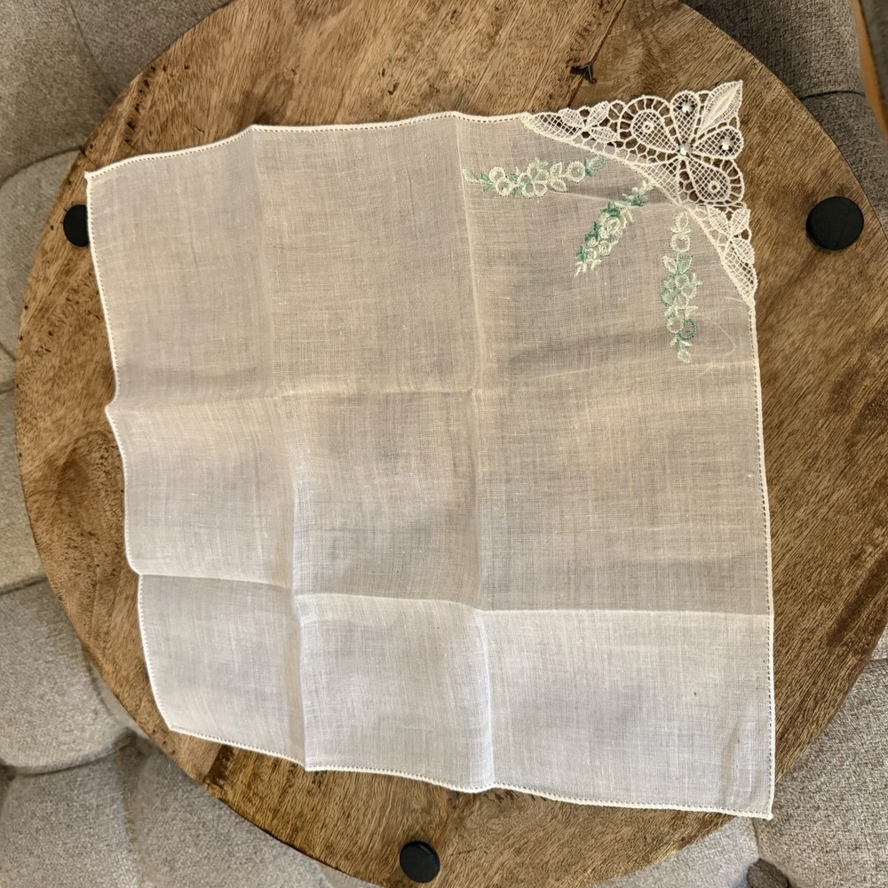 Linen Heirloom Lace Wedding Handkerchief Embroidered Floral Vintage Wedding