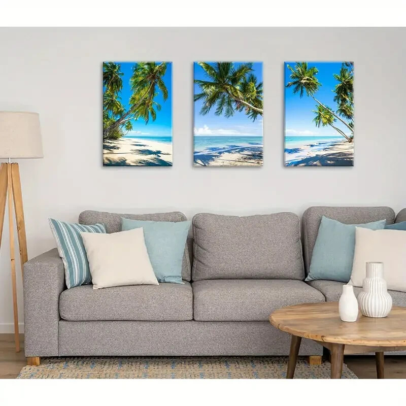 3pcs Coastal Palm Tree Ocean Seascape Metal Wall Art Ready to Hang