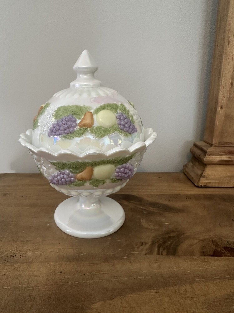 Vintage Westmoreland Iridescent Glass Candy Dish with Hand-Painted Fruit Lid