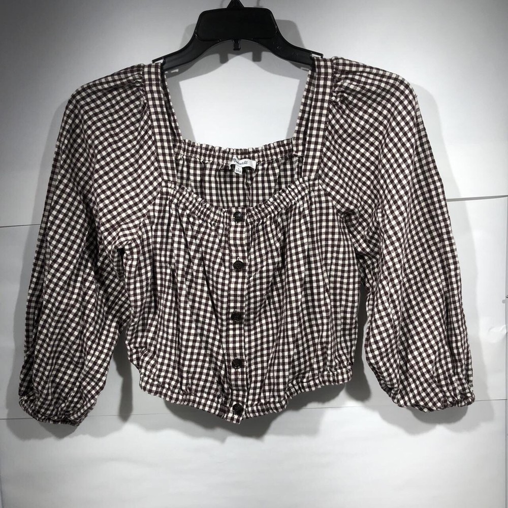 Madewell Puff Sleeve Button Front Crop Top Square Neck Women’s L Brown Gingham
