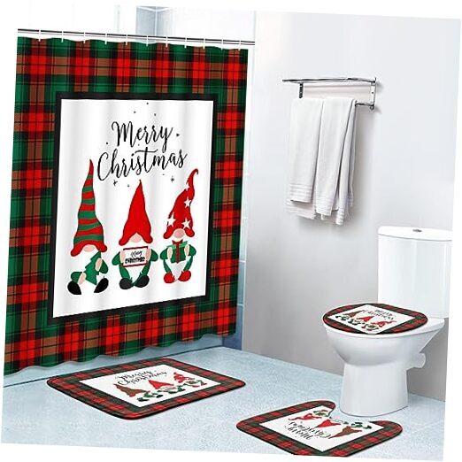4 Piece Shower Curtain Sets, Christmas Plaid Red Green Gnomes with Non-Slip
