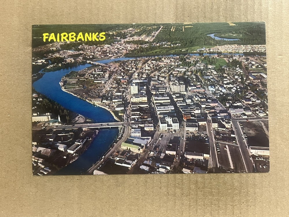 Postcard Fairbanks AK Alaska Downtown Aerial View Chena River Vintage PC