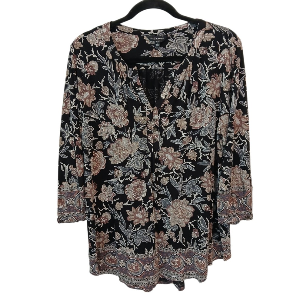 Lucky Brand Top Womens Black Floral 3/4 Sleeve Peasant Boho Tunic Blouse Size 1X