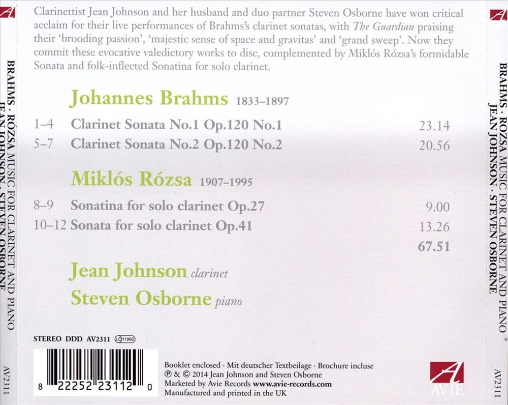 Jean Johnson / Steven Osborne Brahms, Rózsa: Clarinet Sonatas New Cd