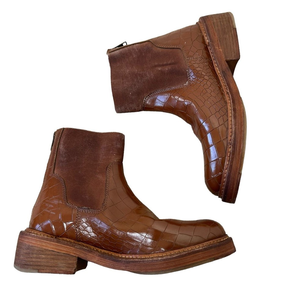 Free People Arlo Santa Fe Embossed Tan Croc Mixed Media Ankle Boots Size 38/7.5
