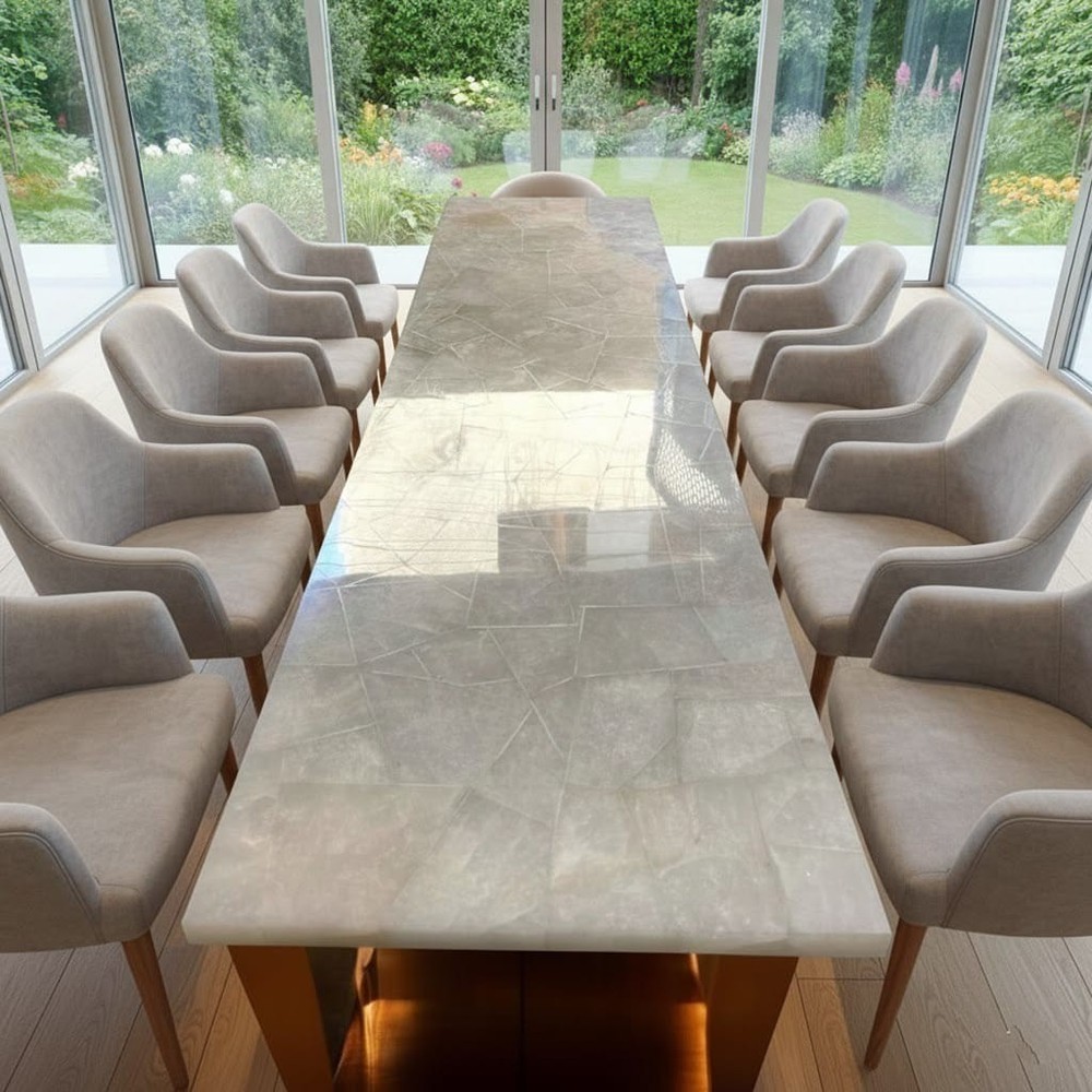 Luxury Handmade White Quartzite Slab Dining Table | Elegant Modern Dining Table