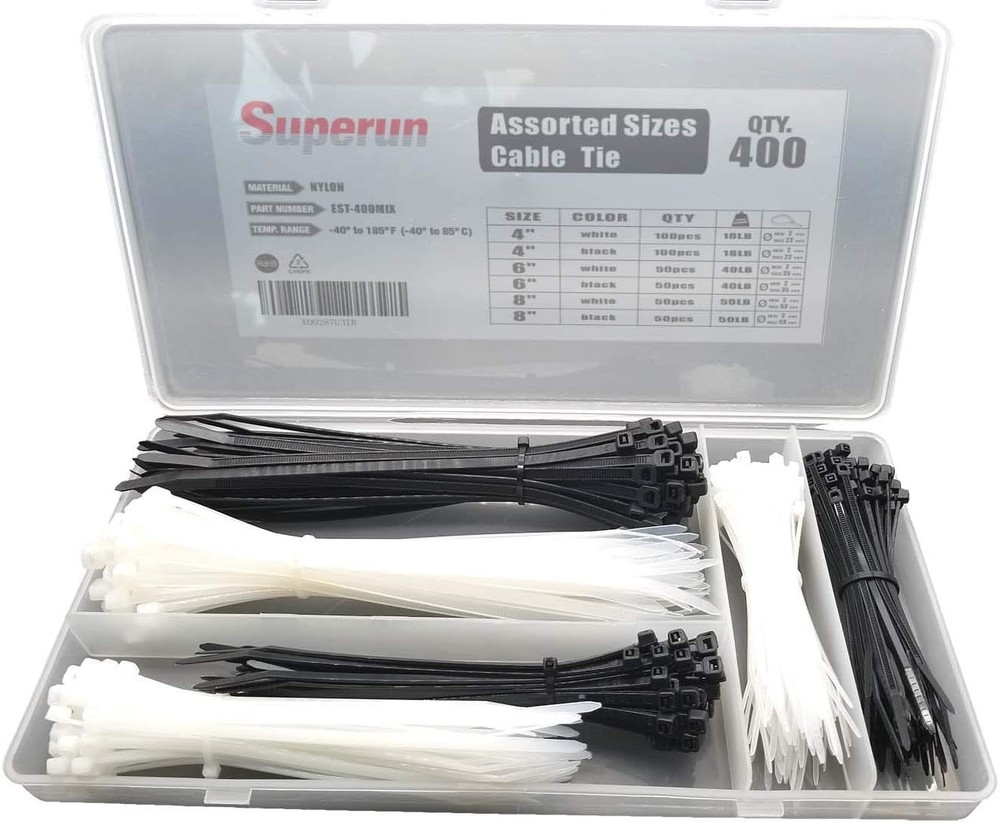 400-Piece Assorted Size Zip Tie Kit - 4, 6, 8 Inch Multi-Pack