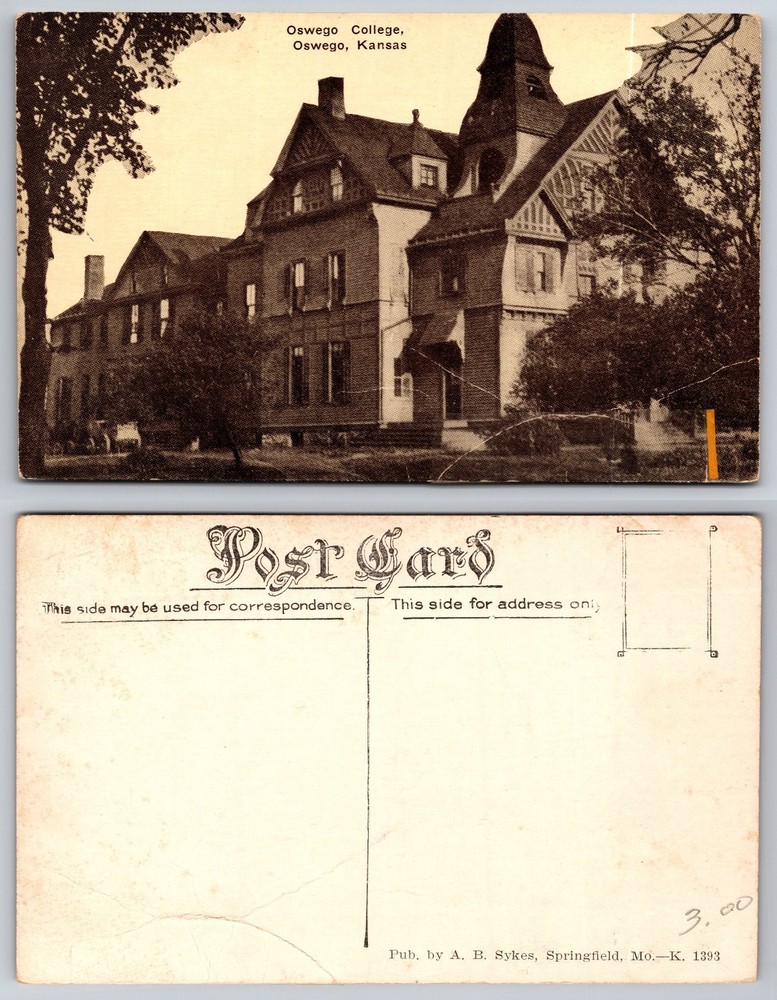 Oswego College Kansas Postcard A. B. Sykes Early 1900s Architecture