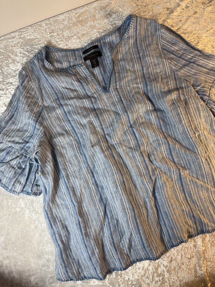 Tahari 100% Linen Blue Striped Blouse Womens 1X Tunic Boho Coastal Top
