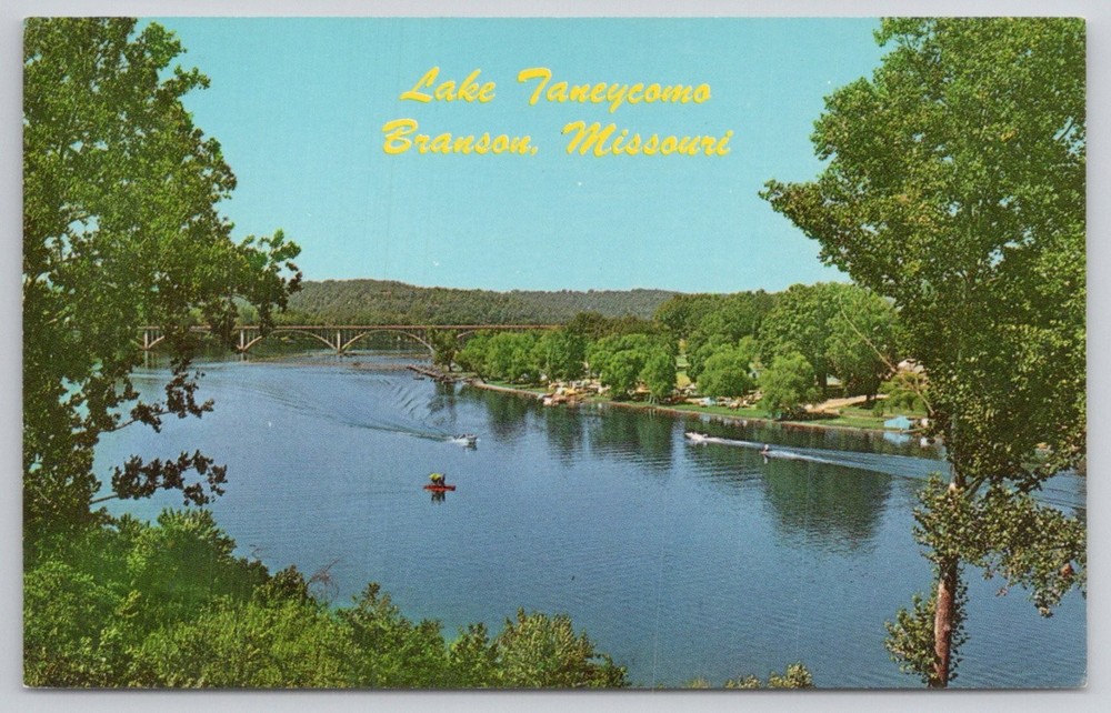Lake Taneycomo Branson MO Postcard - Curteichcolor Scenic View Boats Bridge