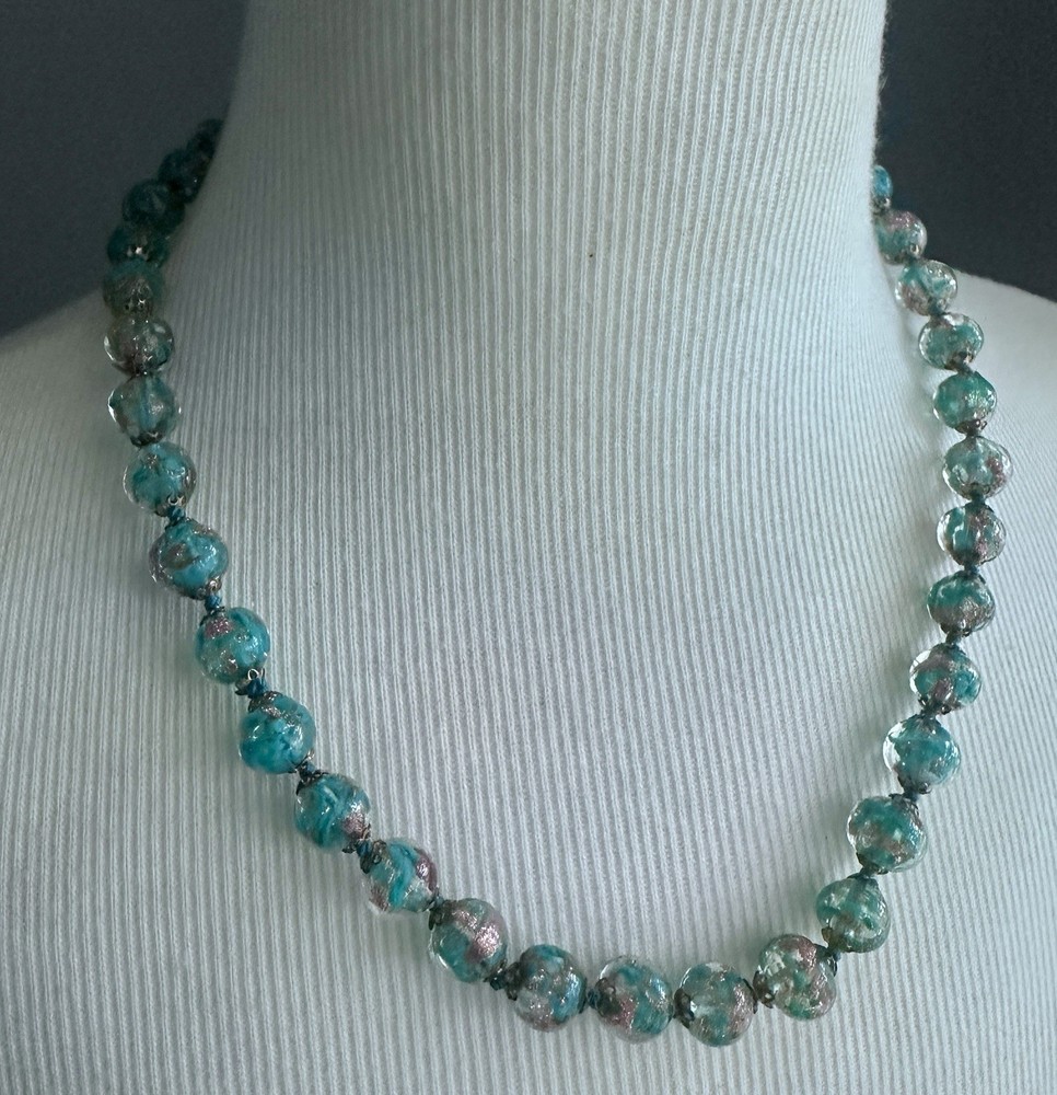 Vintage Venetian Murano Foil Art Glass Necklace Aqua Wedding Cake Beads