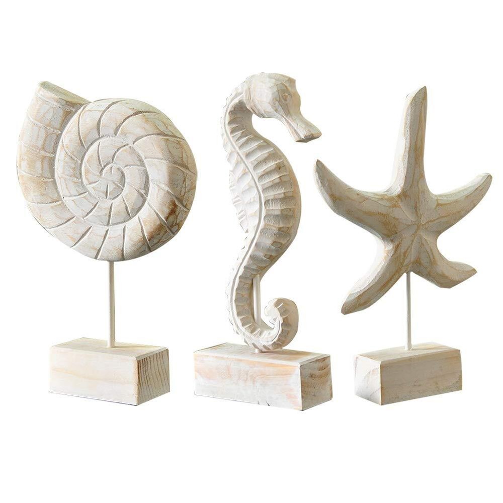 3pcs Wood Handmade Beach Nautical Style Figurines Starfish/Conch/Statue Home ...