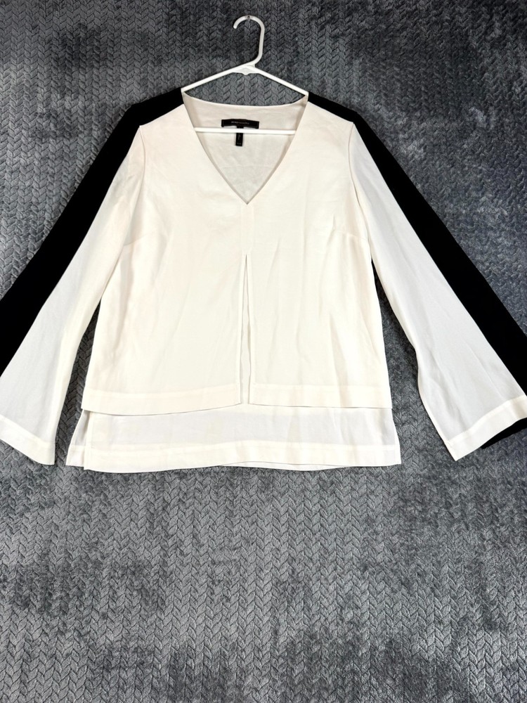 Bcbgmaxazria Blouse Womens 2XS Black Off White Classic Long Sleeve V Neck