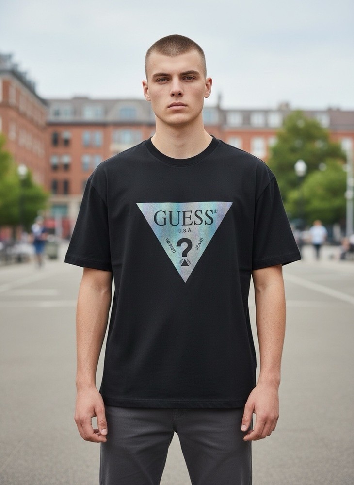 GUESS Men's Black Crew Neck Slim Fit Graphic Logo Cotton Knit T-Shirt Size L