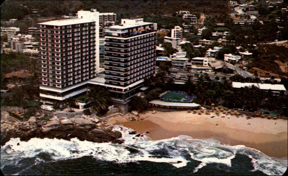 Presidente Hotel Acapulco Mexico ~ beach swimming pool ~ aerial vintage postcard