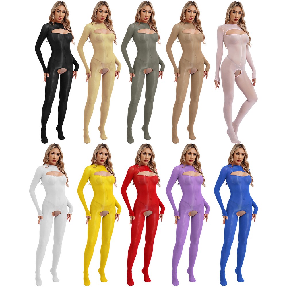 US~ Women's Oily Glossy Bodystocking Sheer Bodysuit Crotchless Full Body Catsuit