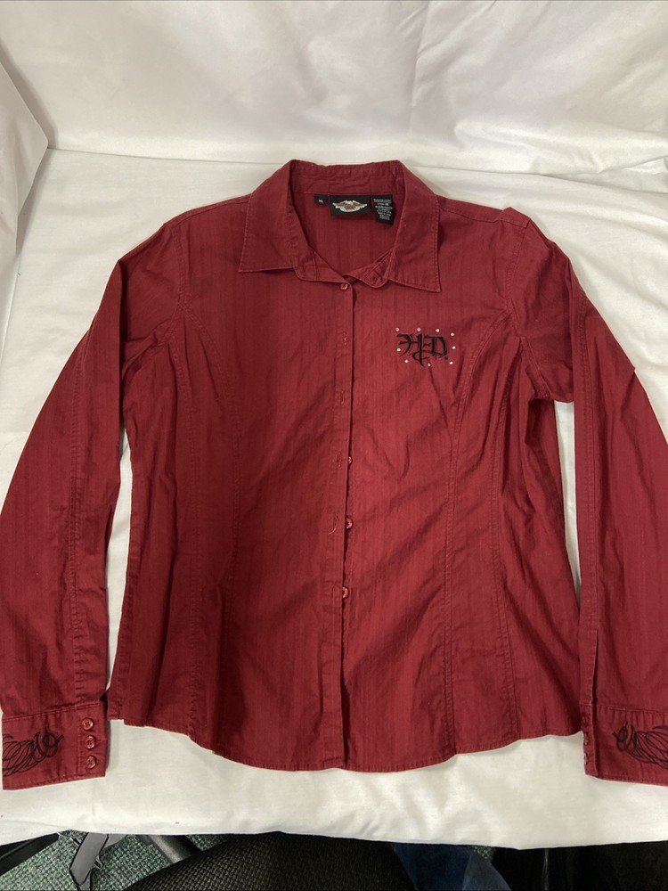 Harley Davidson Button Down Shirt Women's Size X-Large Maroon Biker Embroidered
