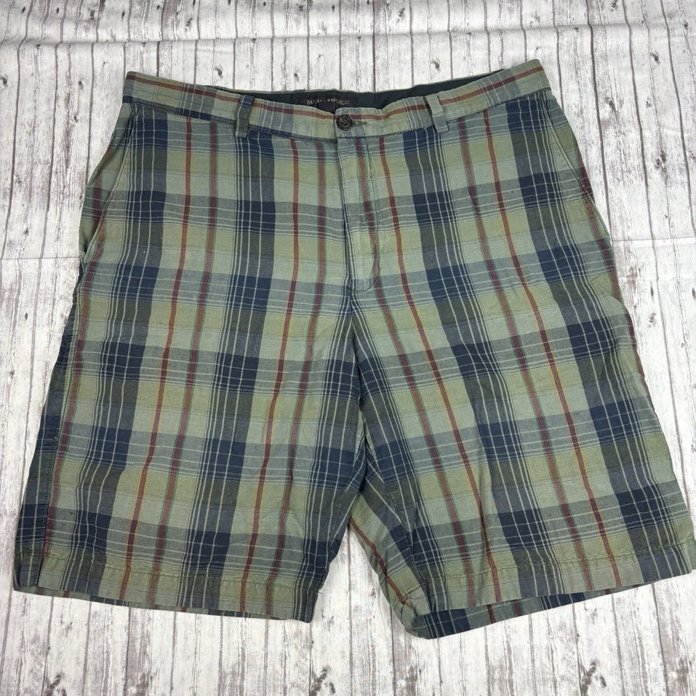 Banana Republic Mens Shorts Green Blue Size 38 Plaid Short Linen Cotton EGYPT