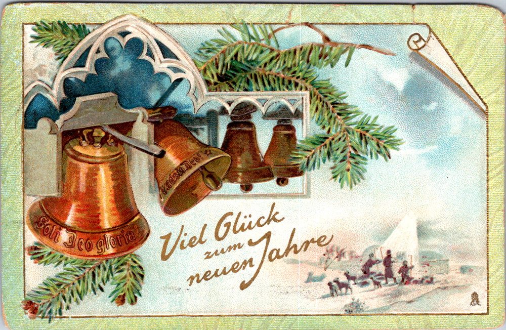 Vintage Postcard New Year Bells Pine Branch Scene 1910