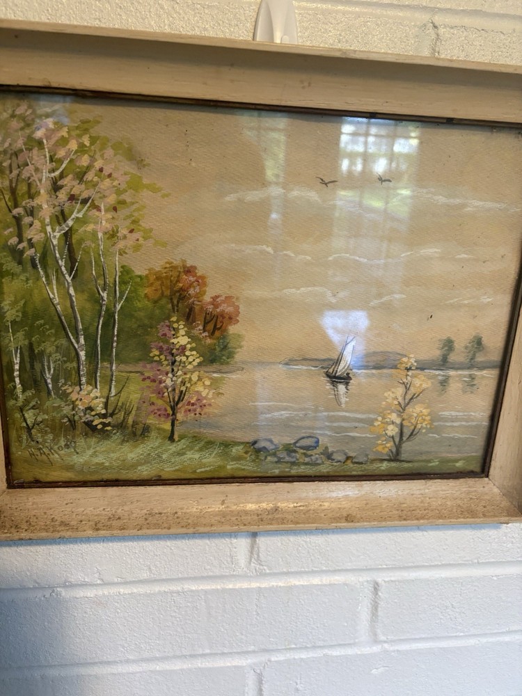 Vtg Original Framed Spring Landscape On River Painting H.A.Koop 12”x 16”