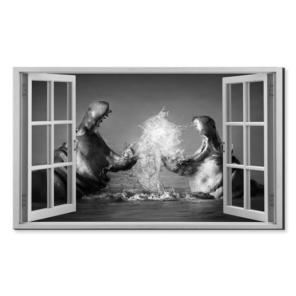 Two Fighting Hippos In The Water Window View Wall Art Canvas Unframed Print Art