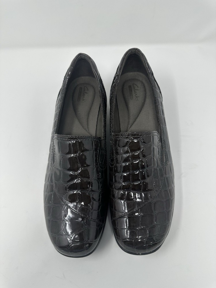 Clarks Shoes Women Size 10 Dark Brown Patent Leather Loafer Slip On Croc Comfort