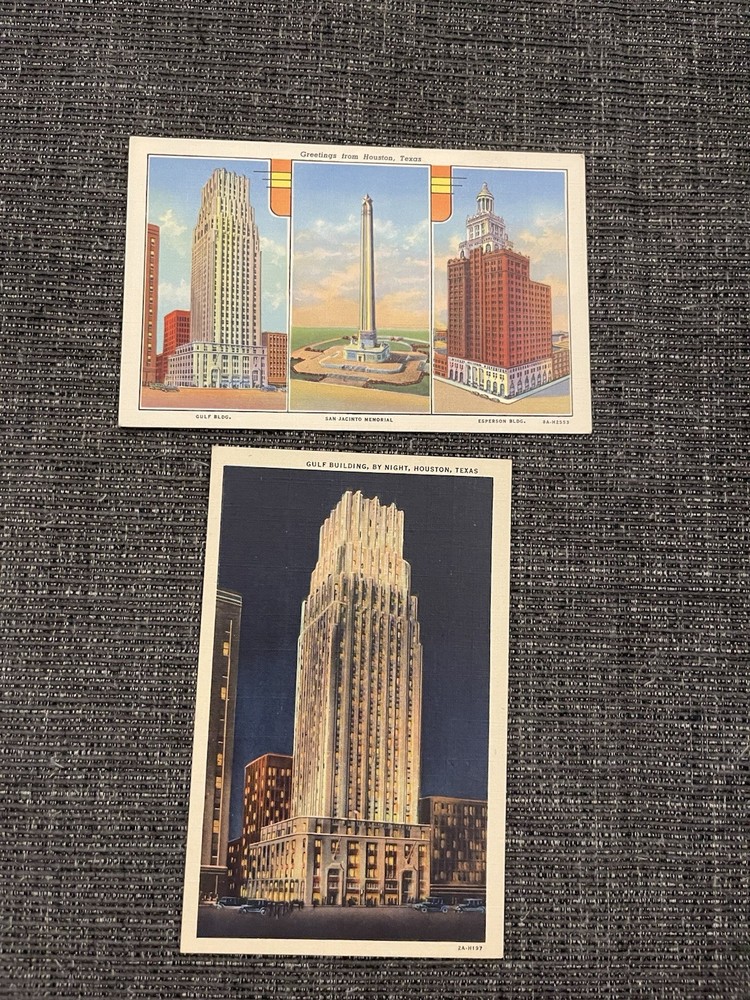 Linen Postcards Texas-Greetings From Houston Multi-View & Gulf Building Night