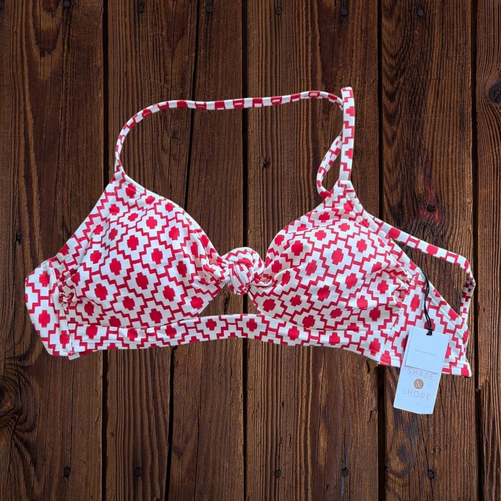 Shade & Shore Longline Underwire Knot Detail Bikini Top Womens 34D Red/White