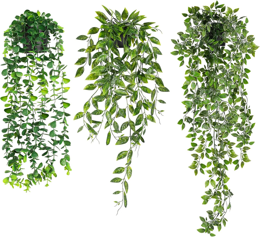 WXBOOM 3-Pack Artificial Hanging Eucalyptus Potted Plants for Home Decor