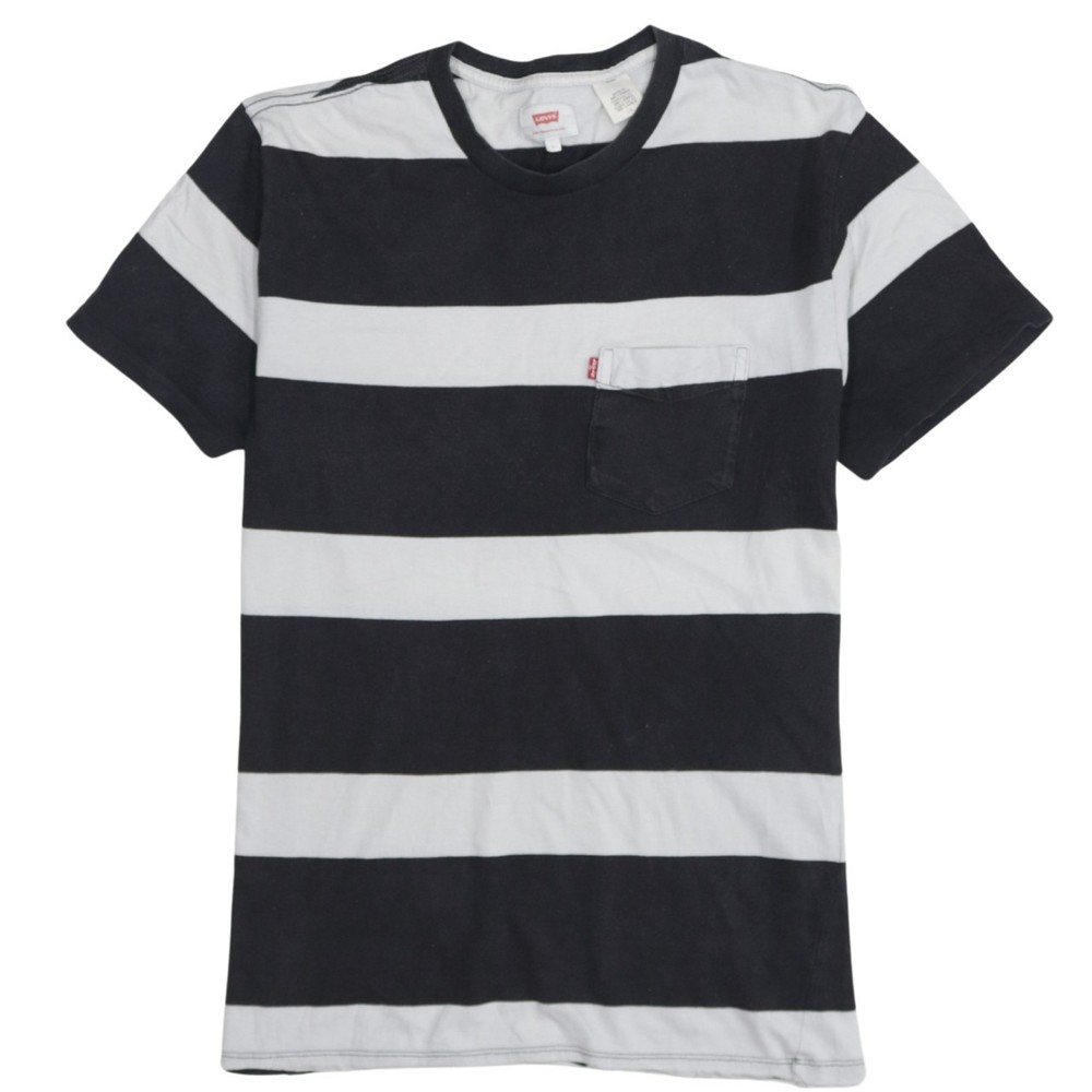 Levis Womens T Shirt Black White Striped Cotton Relaxed Chest Pocket Crew Neck L