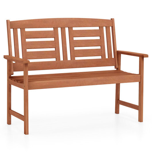 Outdoor Solid Wood Loveseat Hardwood 2-Seat Bench with Inclined Backrest and Sla