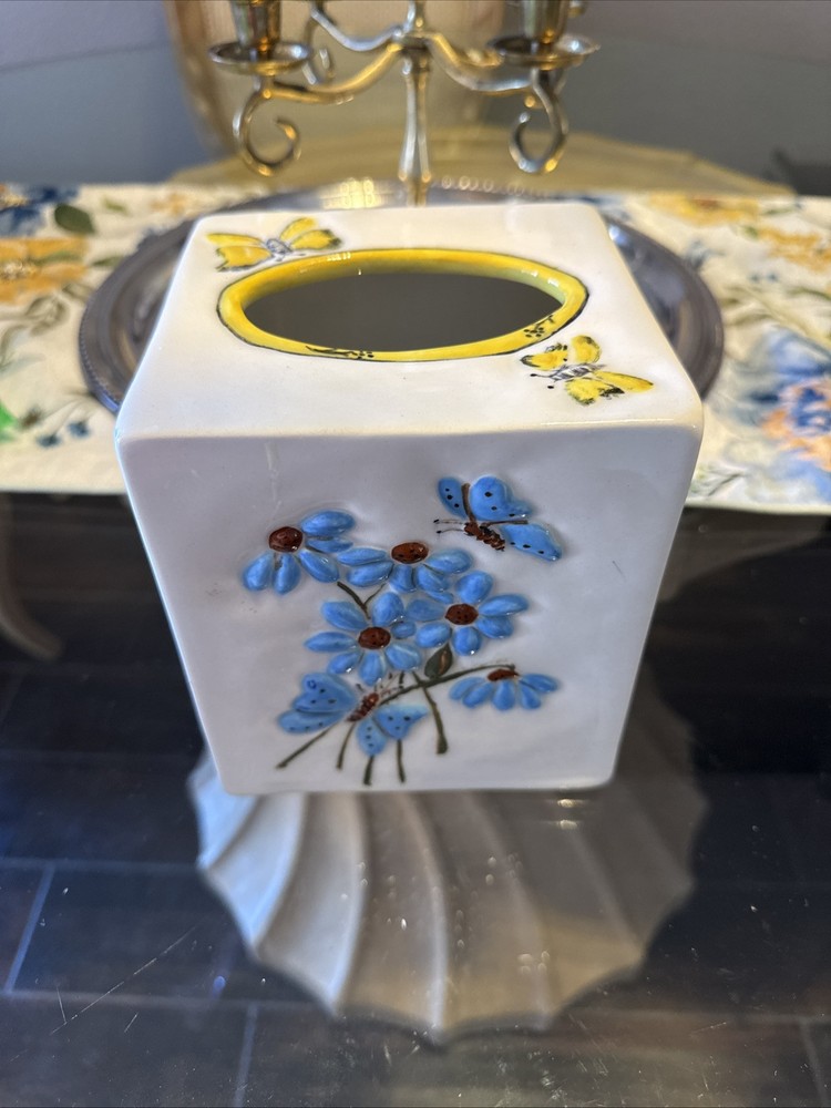 Signed Ceramic Tissue Box Holder Butterfly Sunflower Blue Yellow Retro 5x6