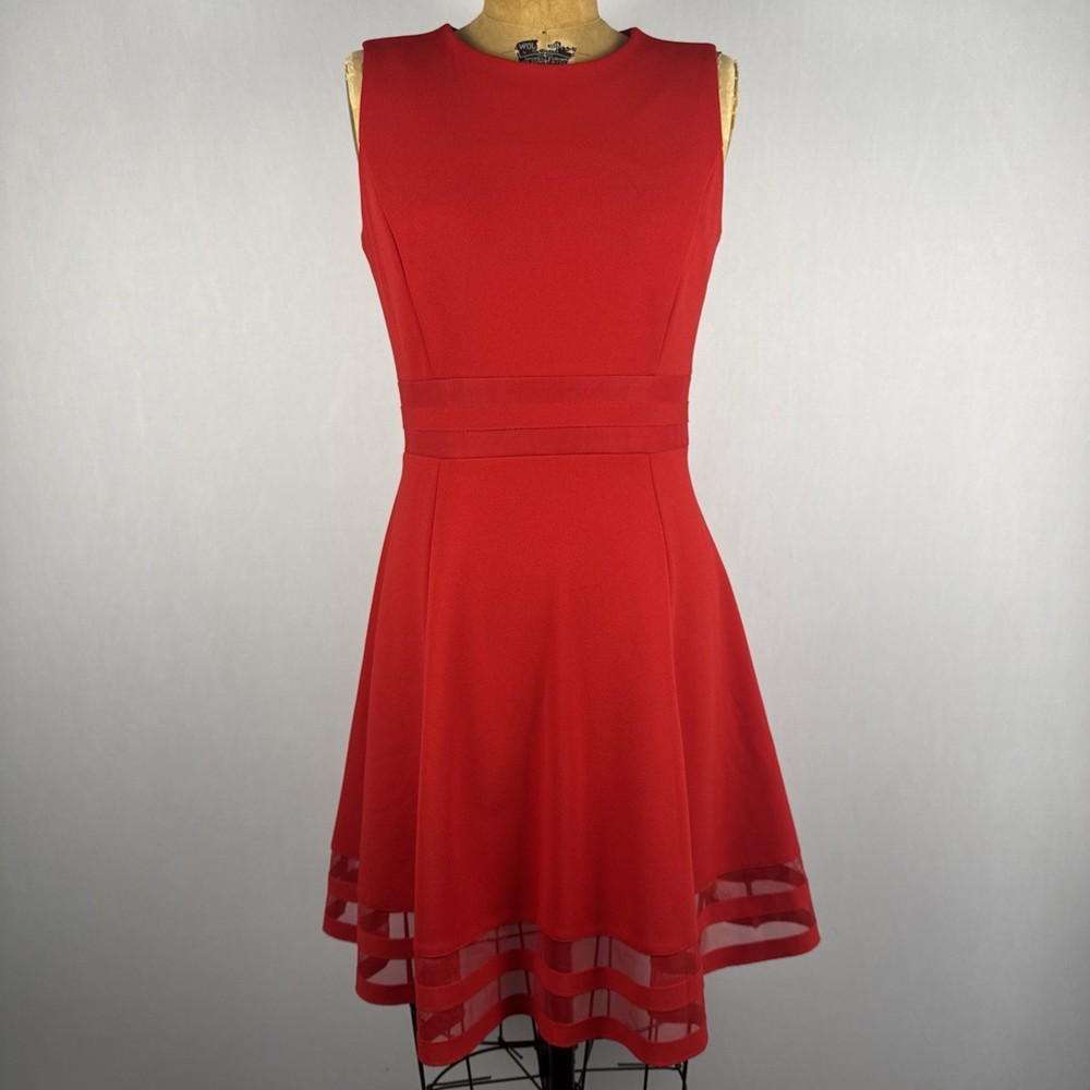Calvin Klein Red Sleeveless Fit & Flare Dress Mesh Hem Size 8P Cocktail Party