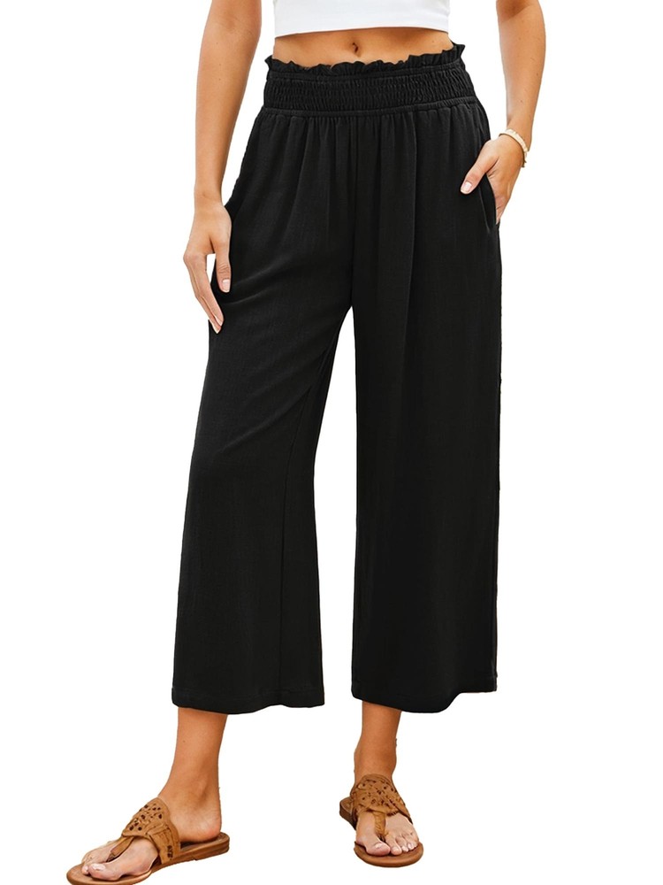 Women Capri Pants High Waisted Wide Leg Palazzo Trousers Pull On Elastic Smocked