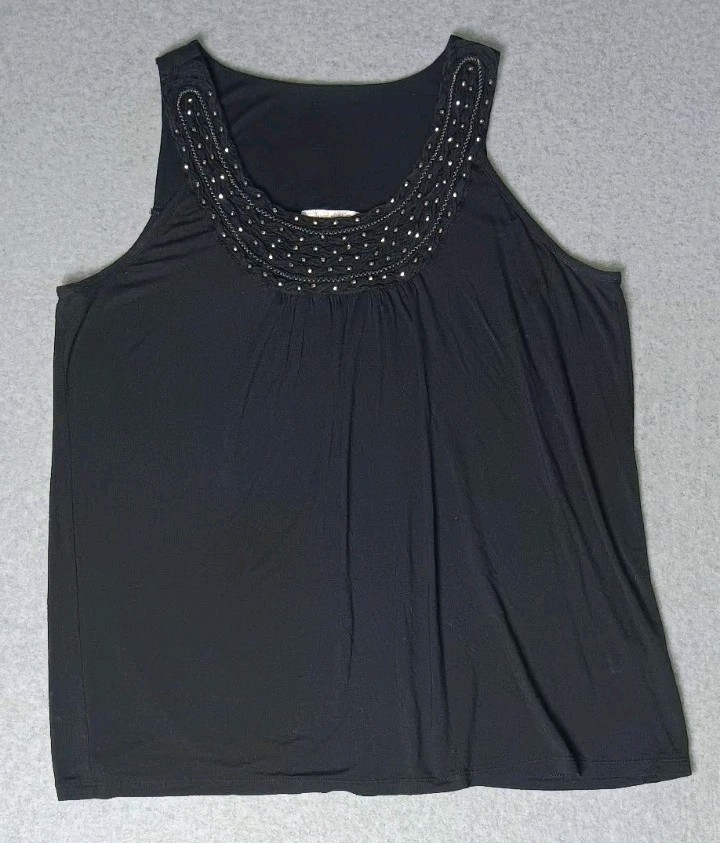 Dressbarn Sleeveless Beaded Blouse Womens Size Large Black Swoop Neck Casual...