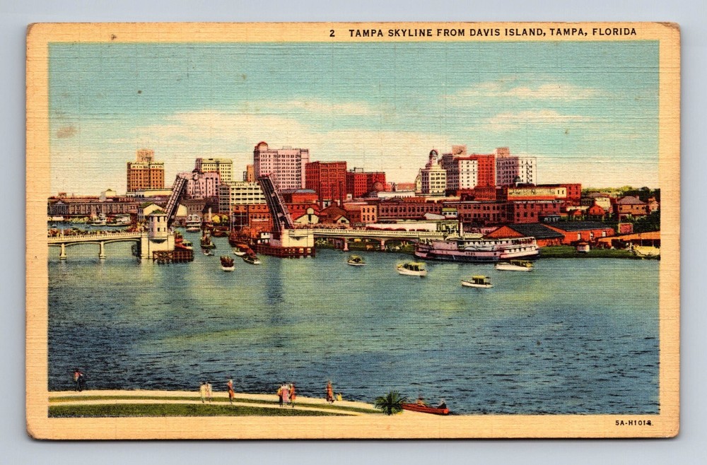 Tampa Skyline from Davis Island Bridge Boats Tampa Florida Postcard