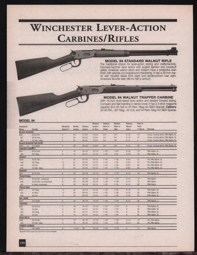 2001 WINCHESTER 94 Standard Walnut Rifle & Trapper Carbine AD
