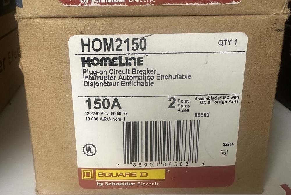 Square D, Homeline, Hom2150, 150A, 240V, 4P, Main Circuit Breaker *New In Box