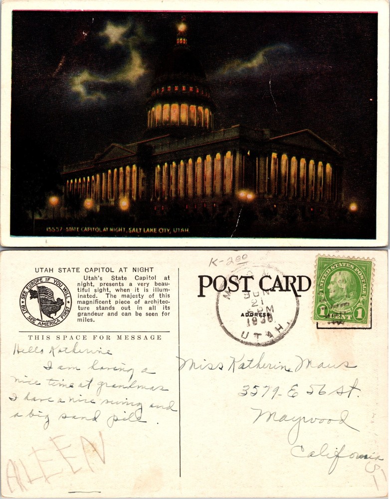 State Capitol at Night Salt Lake City Utah UT Postcard