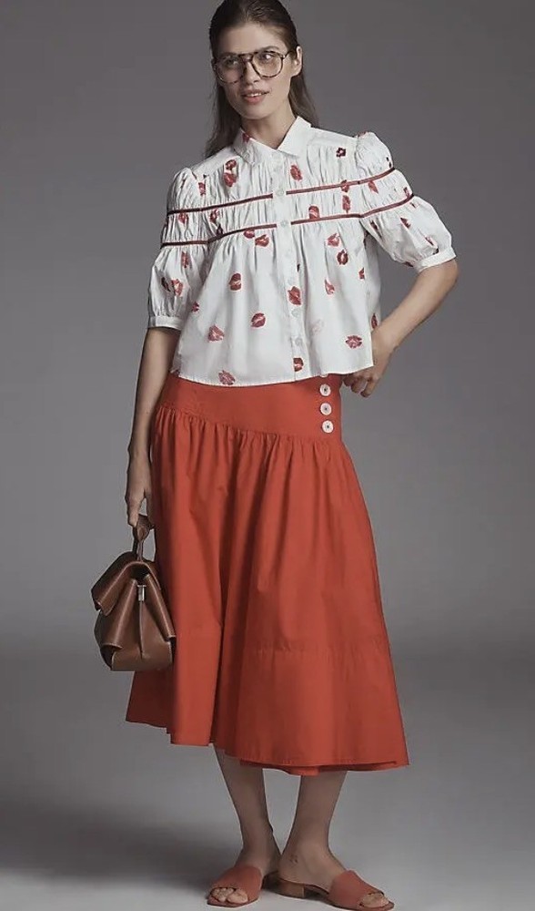 Anthropologie Maeve The Leandra Shirred Yoke Blouse - White red kisses NWT SP