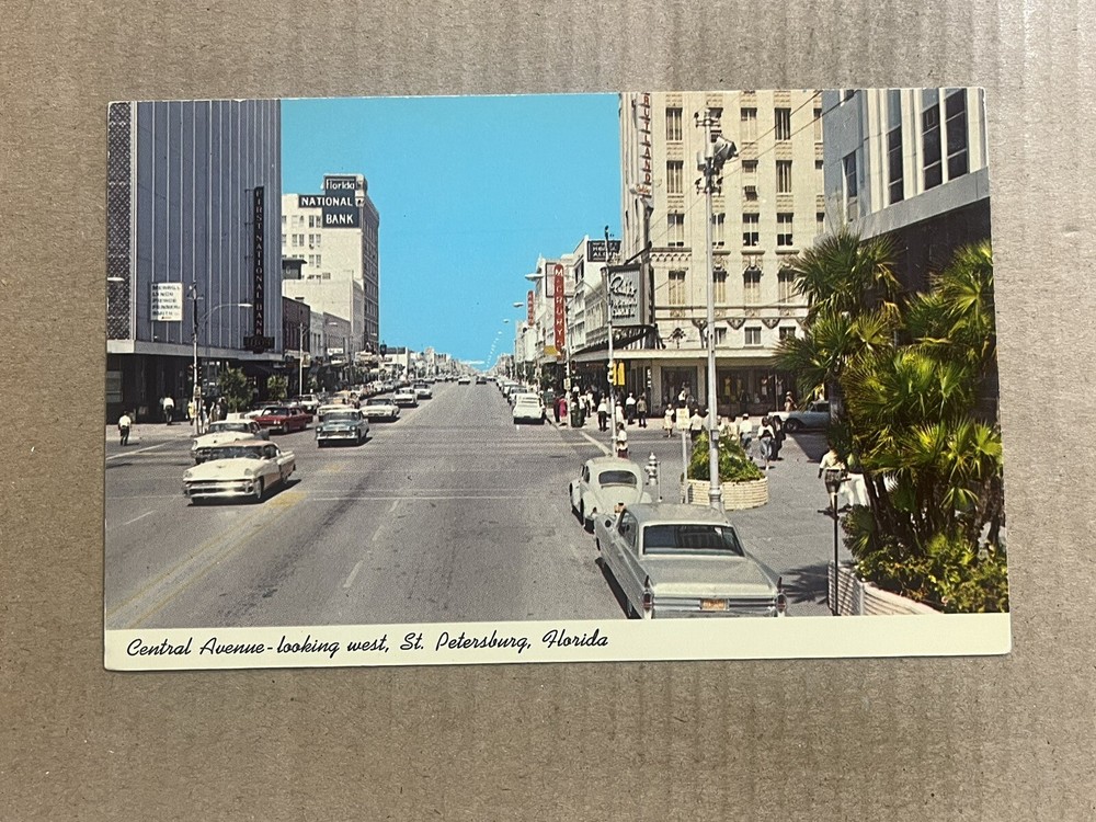 Postcard St. Petersburg FL Florida Central Avenue Bank Old Cars Vintage PC