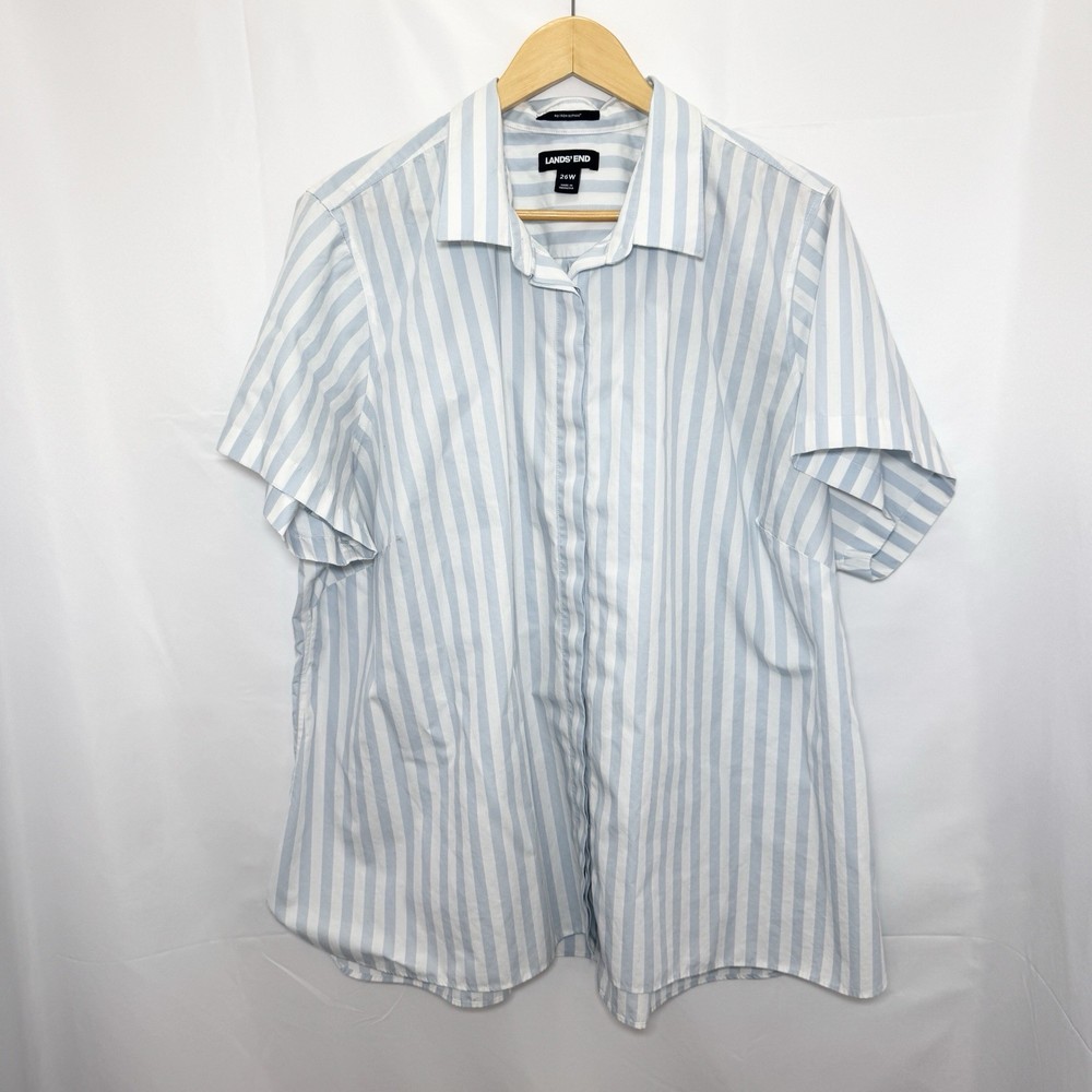 Lands End No Iron Shirt Top Size 26W Blue Stripe Short Sleeve Supima Cotton Flaw