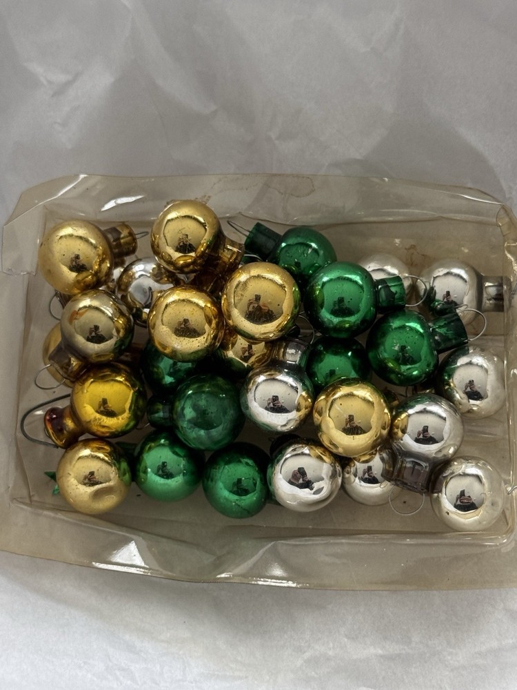 Vintage Christmas Feather Tree Green Gold Miniature Ornaments Mercury Glass Lot