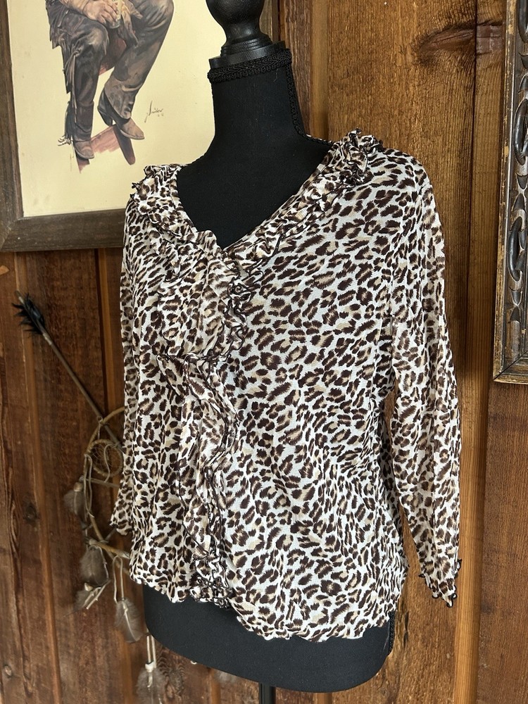 Leopard Cascade Ruffle Sheer Y2K Preppy grunge  Chiffon Blouse Petite Small