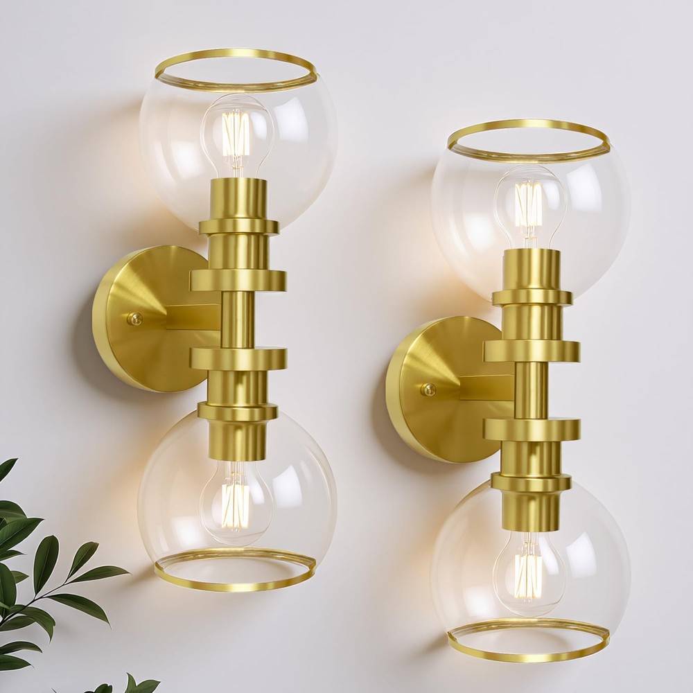 Bathroom Sconces Set of , Brushed Gold Wall Sconces with Clear Glass, Hardwir...