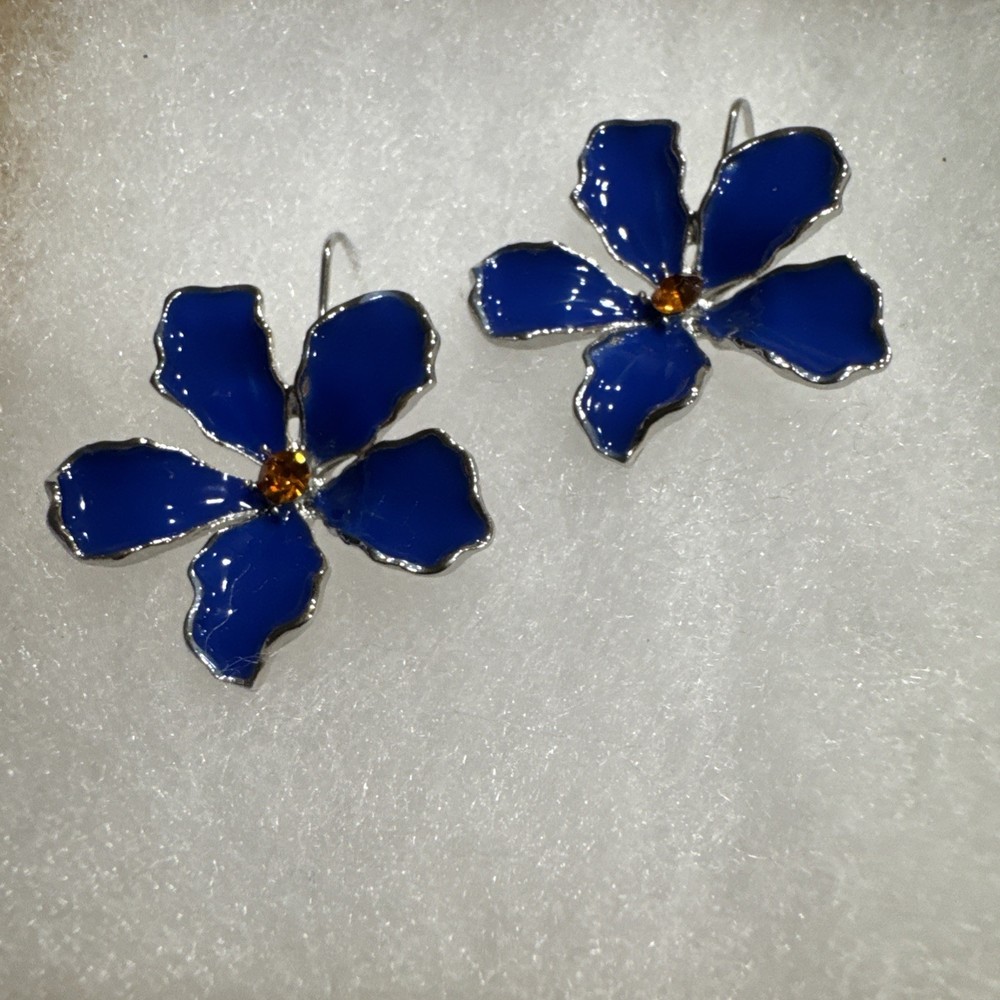 Vintage silver tone Blue enamel flower French wire Earrings orange rhinestones