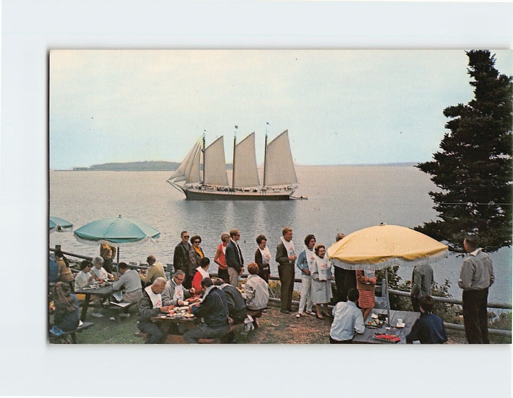 Postcard Lobsterbake Scene Spruce Point Inn & Lodges Boothbay Harbor Maine USA